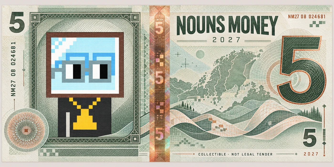 Sage Copper Five, a generated Nordic 2027 Nouns Money currency-inspired concept using a reference to Noun #7; visual effects only