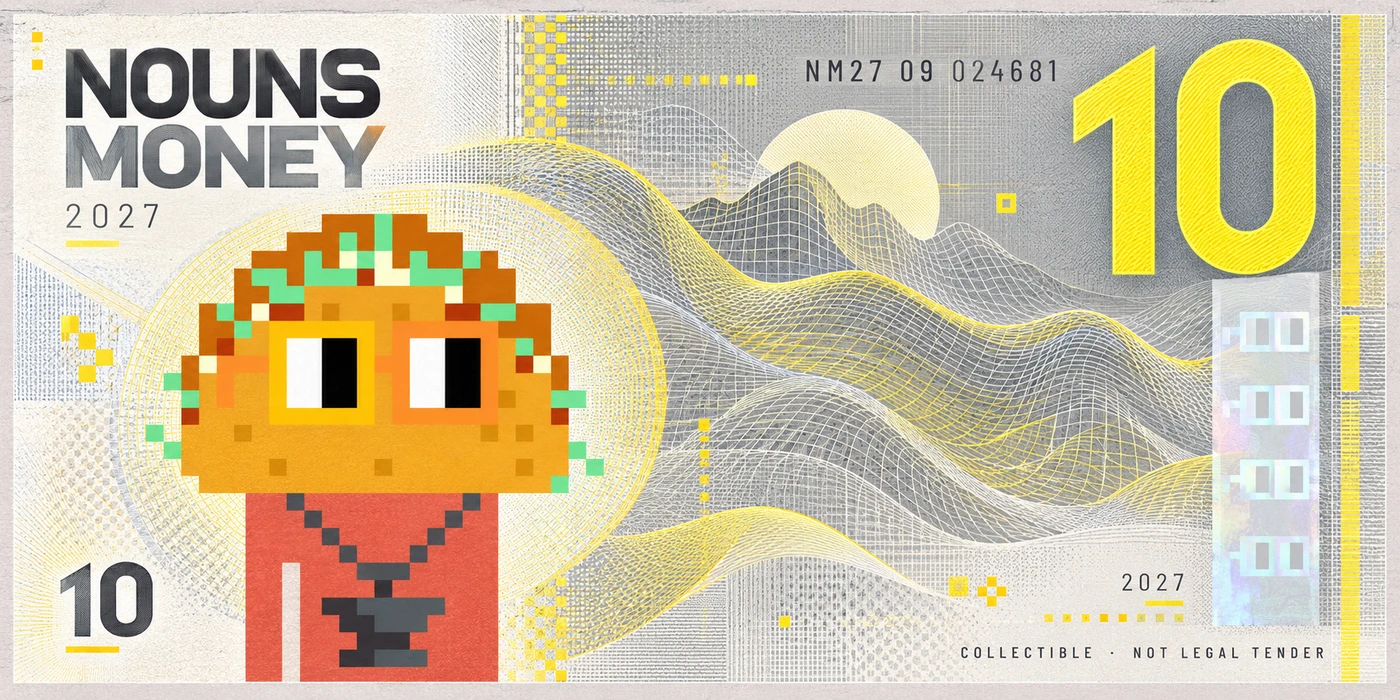 Pearl Electric Yellow Ten, a generated Nordic 2027 Nouns Money currency-inspired concept using a reference to Noun #8; visual effects only