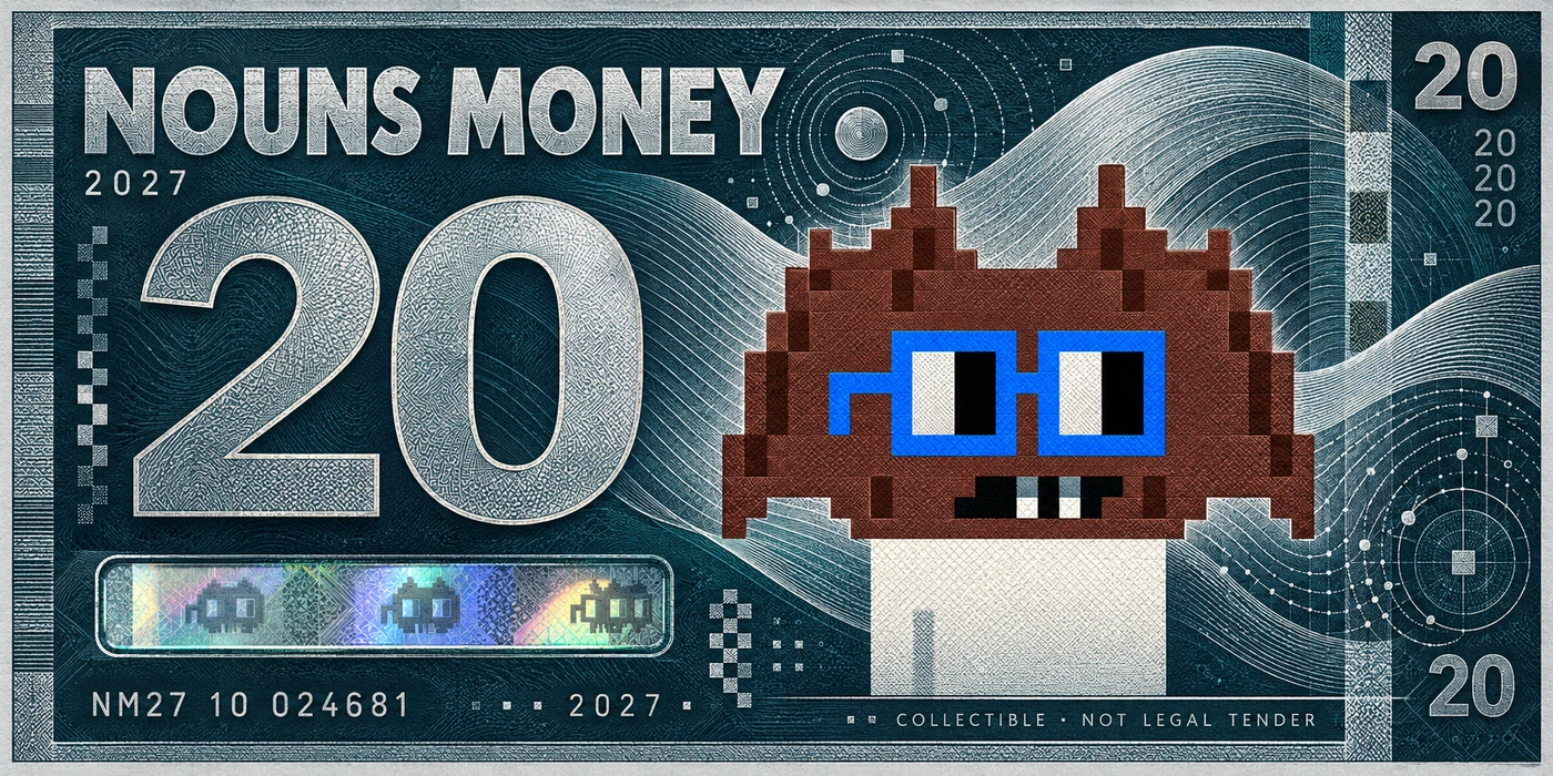 Midnight Teal Silver Twenty, a generated Nordic 2027 Nouns Money currency-inspired concept using a reference to Noun #9; visual effects only