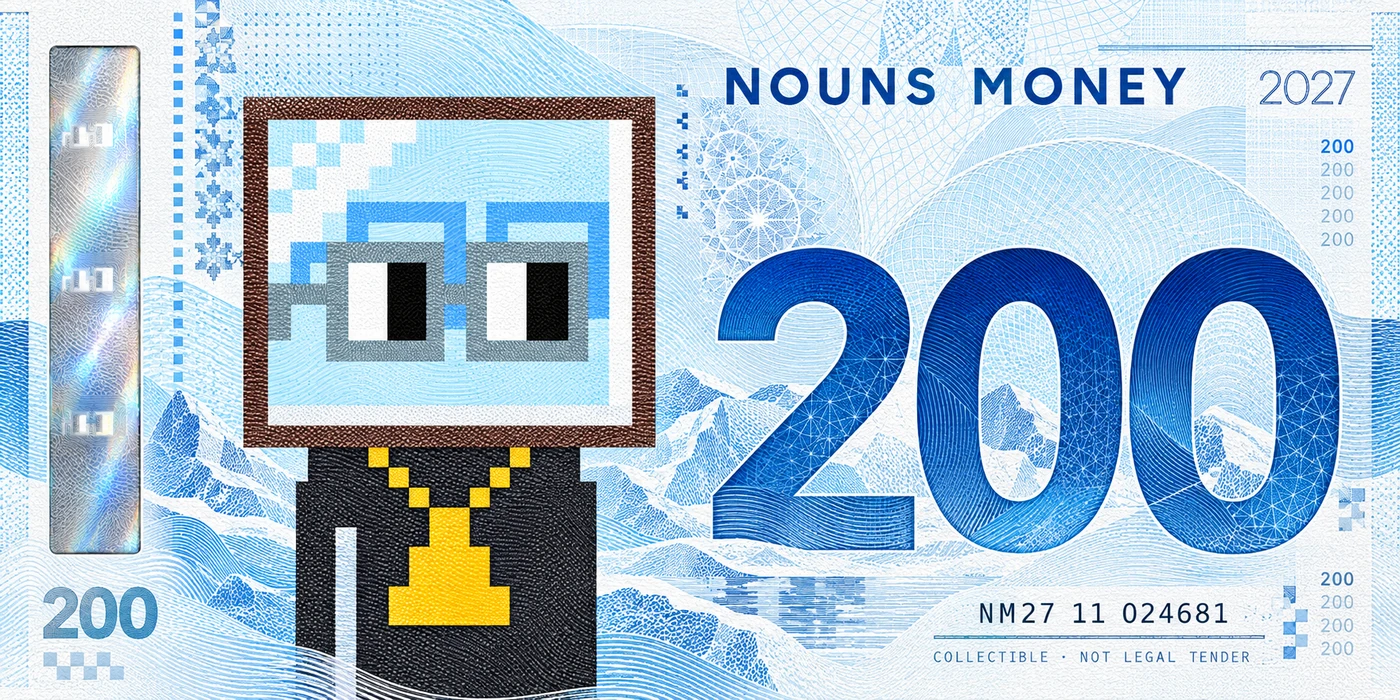 Arctic Cobalt 200, a generated Nordic 2027 Nouns Money currency-inspired concept; visual effects only