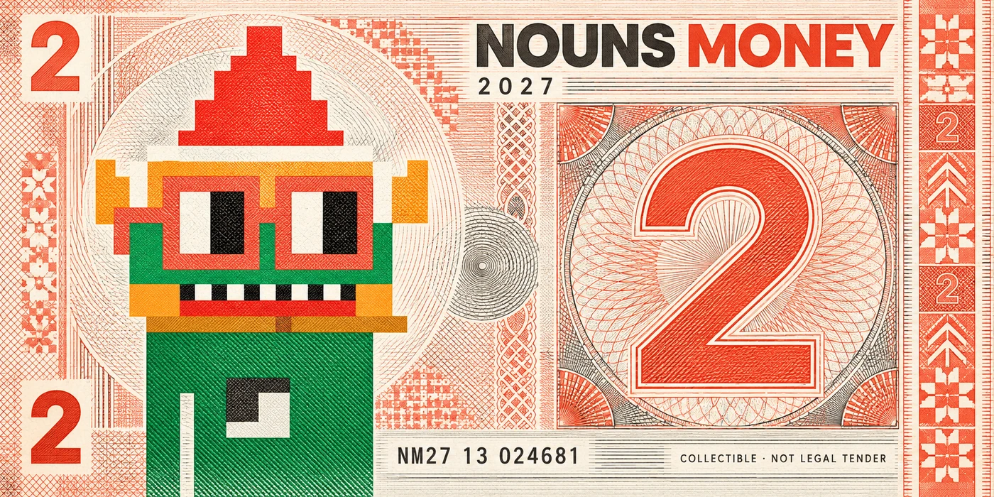 Coral Ink Two, a generated Nordic 2027 Nouns Money currency-inspired concept; visual effects only