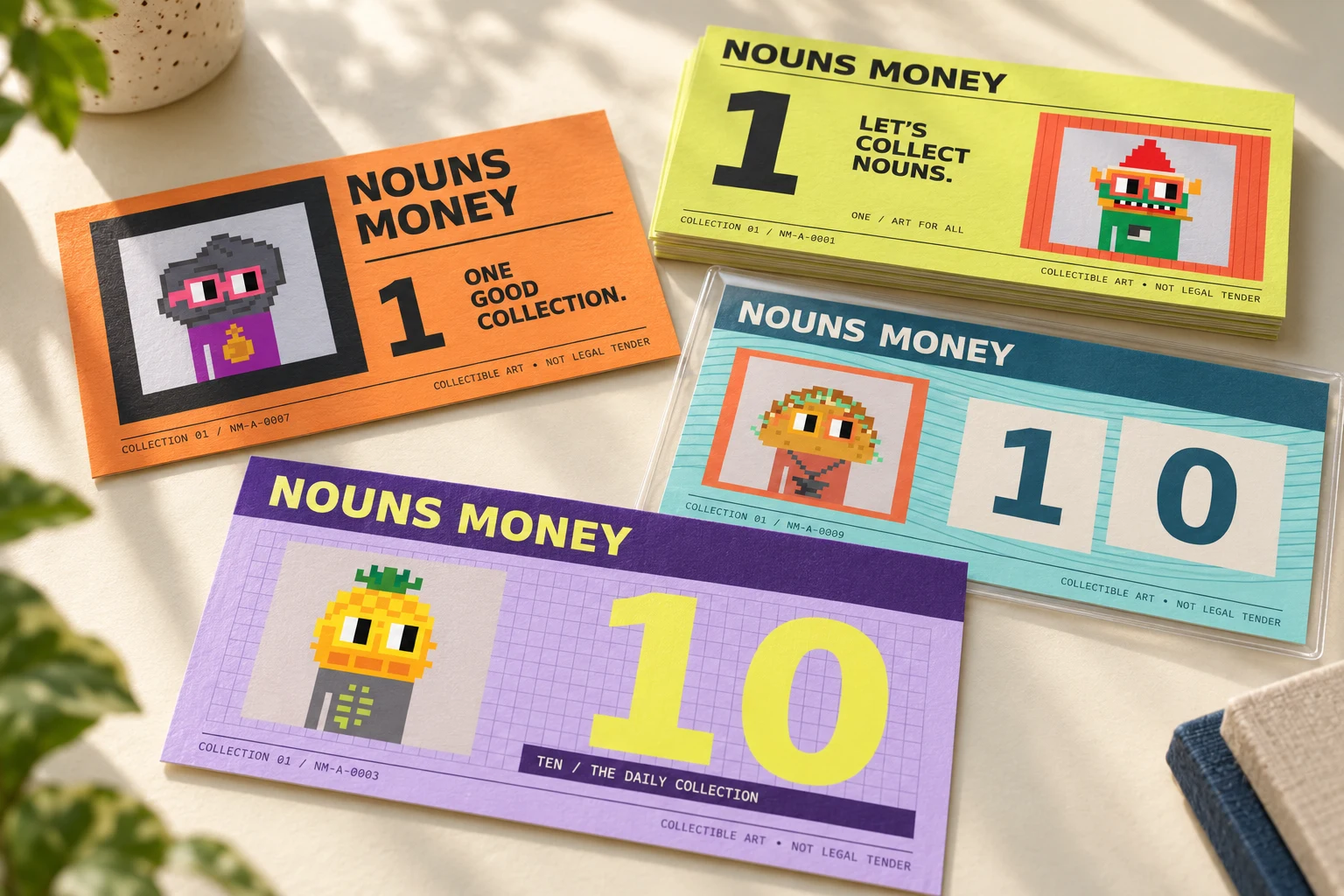 Generated photographic mockup of four Nouns Money designs, a matte-paper stack and an archival sleeve; not evidence of physical production