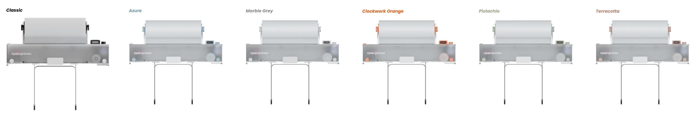 Six Openprinter colorways in a row: classic grey, chalky blue, marble grey, clockwork orange, pistachio and terracotta