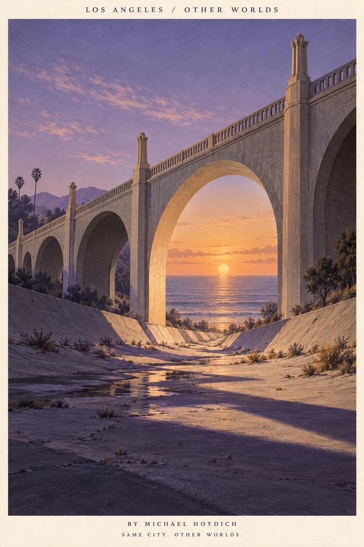 A monumental concrete bridge crosses an empty wash; its largest arch frames an ocean sunset while neighboring arches reveal the hillside.