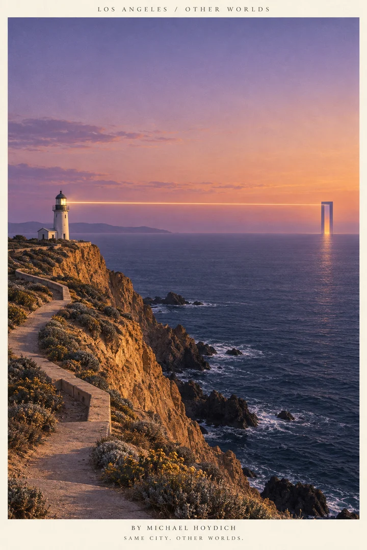A white lighthouse on an empty ochre coastal cliff sends a thin golden beam to a freestanding doorway on the violet ocean horizon.