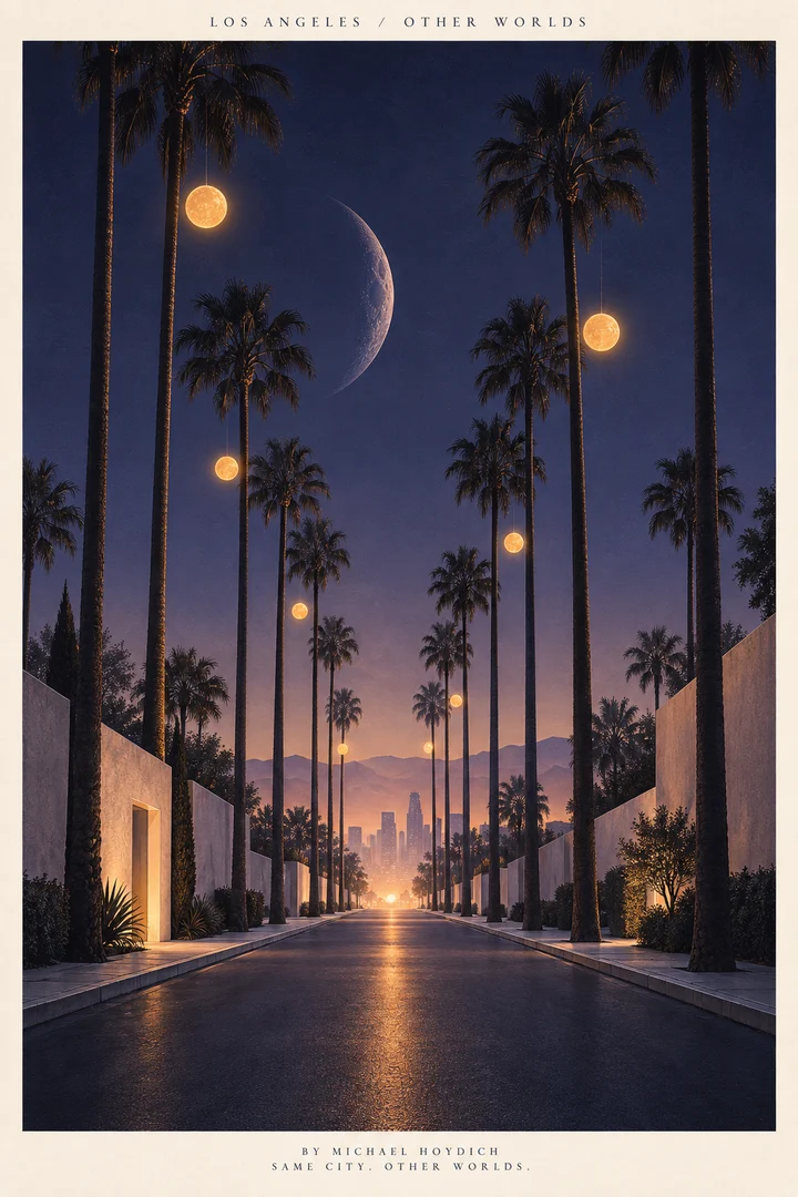 An empty boulevard between white walls and tall palms leads toward downtown, with luminous amber moons suspended above the road and a large crescent in the blue sky.