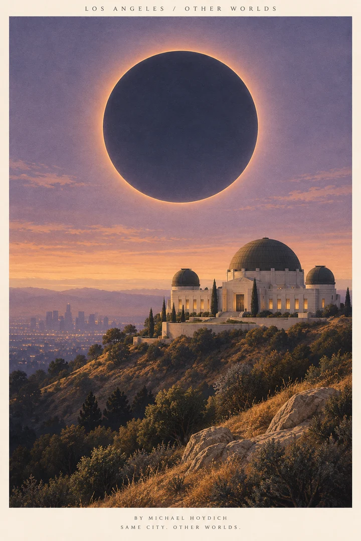 Griffith Observatory sits on a quiet hillside beneath an enormous dark sun with a thin glowing apricot corona.
