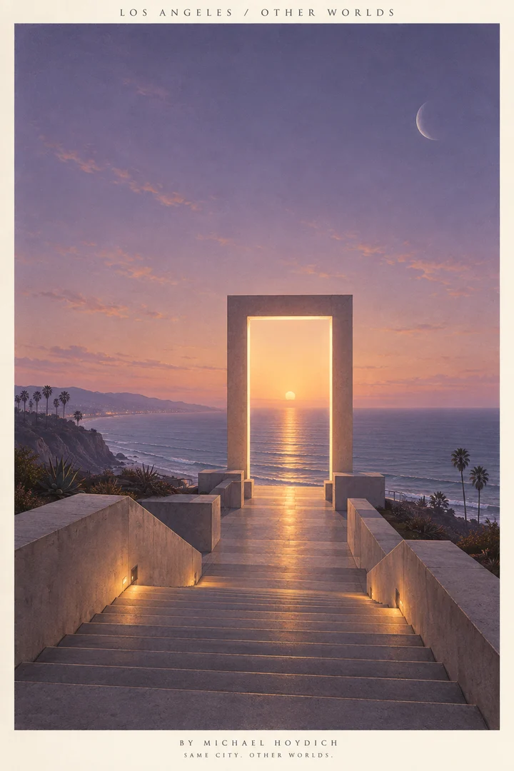 Empty concrete stairs descend toward a glowing rectangular doorway overlooking the Pacific under a lavender sky and crescent moon.