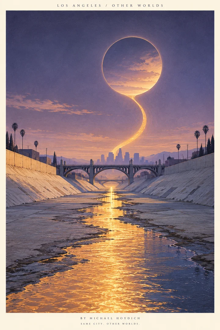 Golden water runs through the empty concrete Los Angeles River channel beneath arched bridges, then rises into a circular opening in the violet sky.