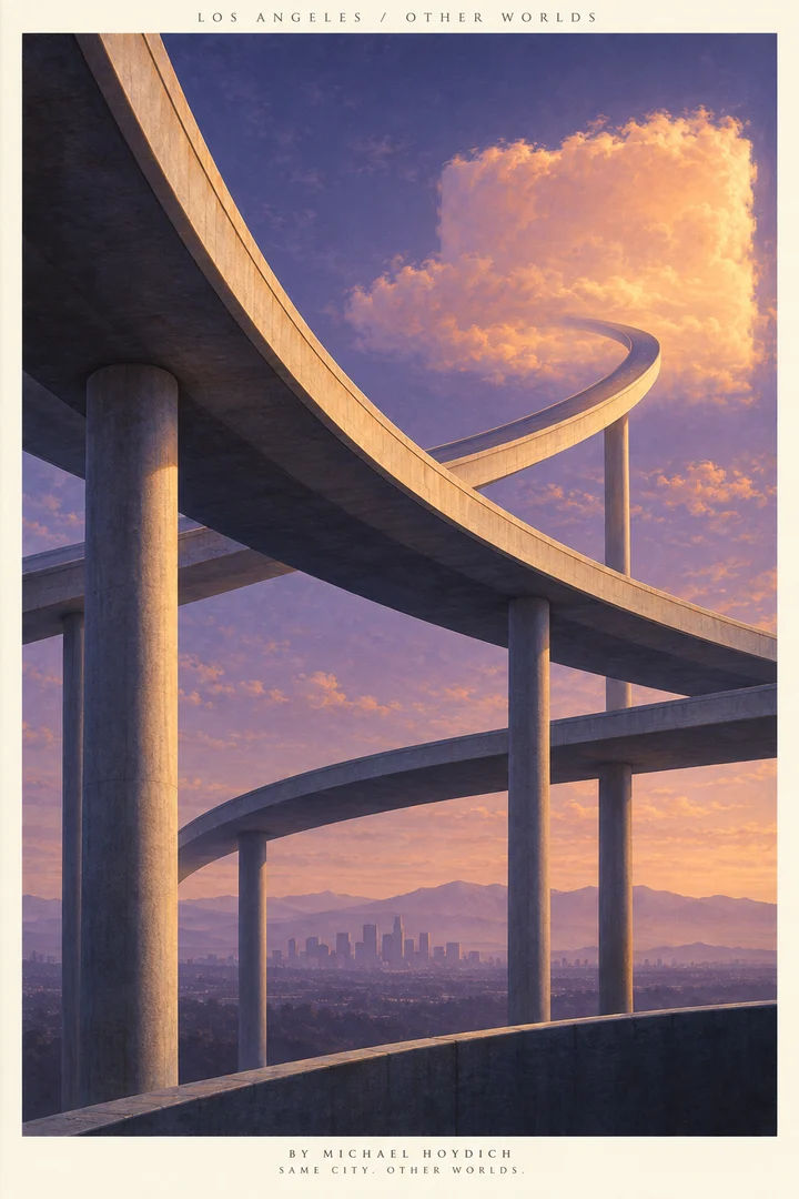 Empty elevated concrete freeway ramps curve above the distant Los Angeles skyline, with one road disappearing into a rectangular apricot cloud.