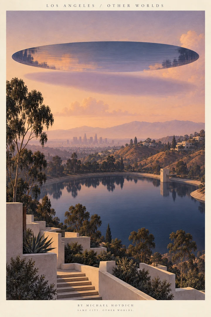 A thin oval plane of mirrored water floats above a still hillside reservoir, stucco homes, trees, and the distant Los Angeles skyline.