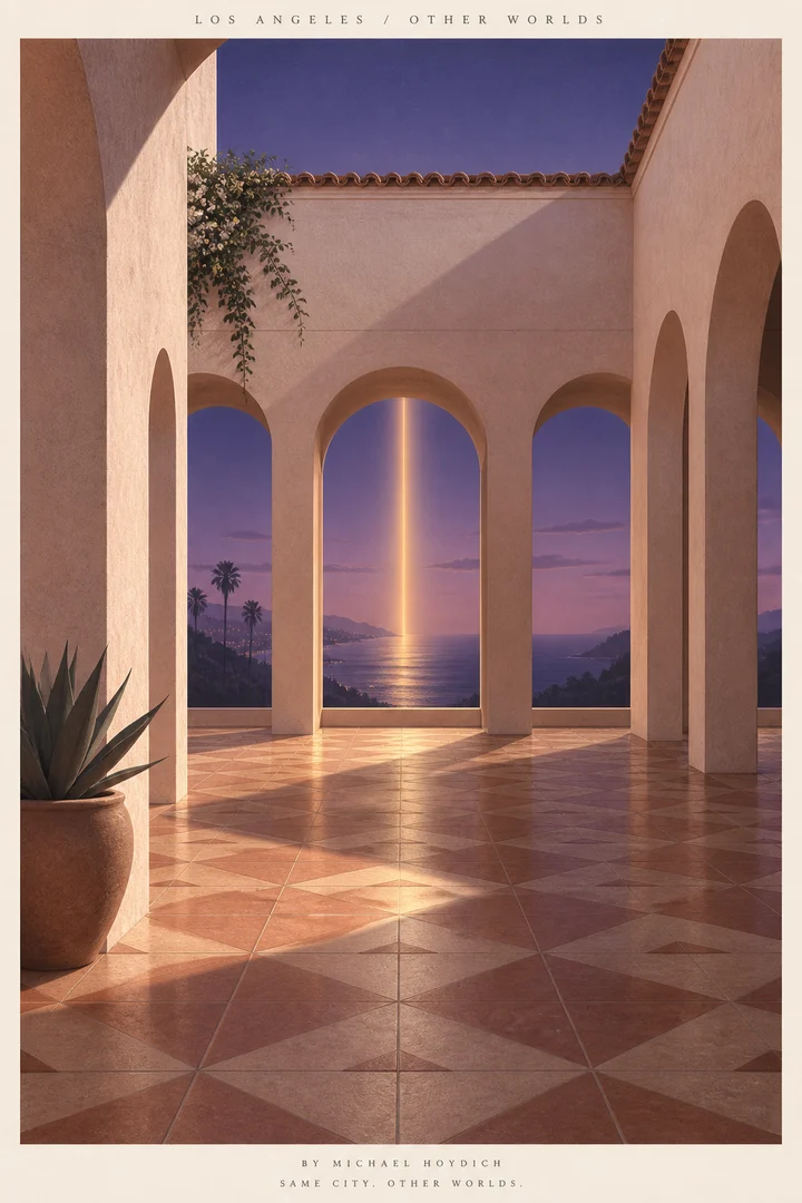 An empty terracotta-tiled stucco courtyard with a potted agave opens through tall arches to violet coastlines and a vertical beam of golden light.