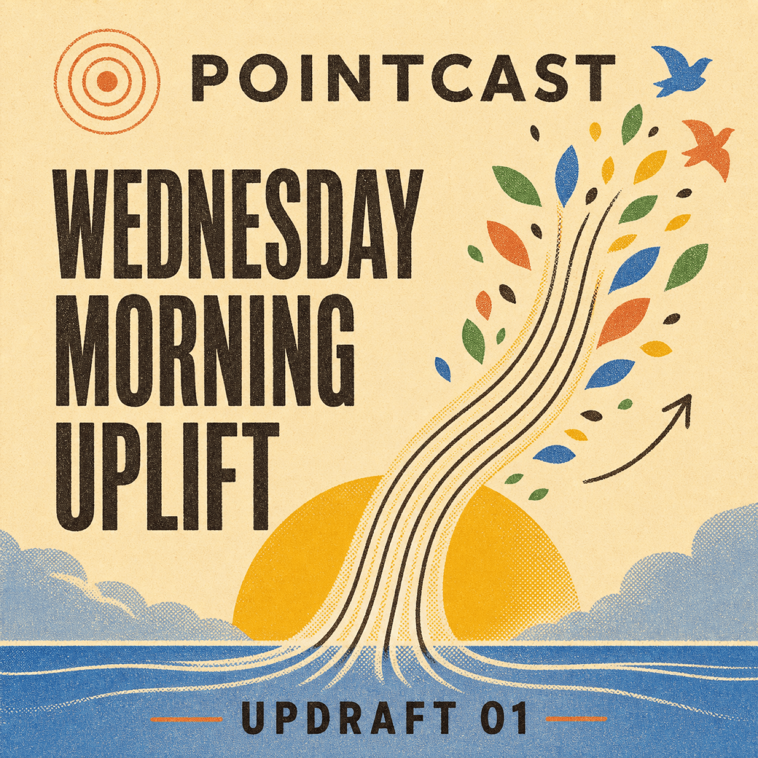 Screen-printed PointCast playlist cover with five plucked strings rising through a sunrise into leaves and morning birds
