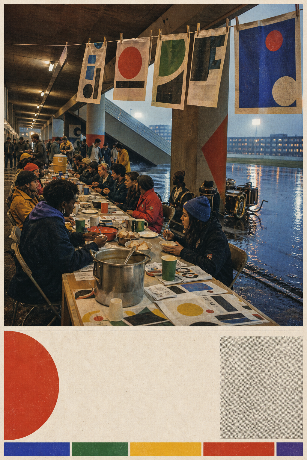 Fans and stadium workers share soup, bread, printed pages, reusable cups, and music at one long table beneath a rainy stadium porch after the game