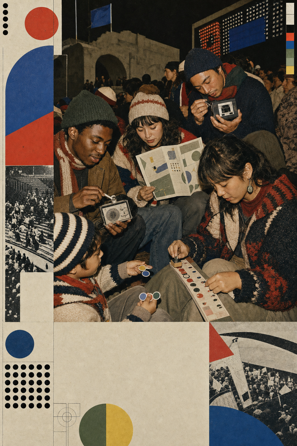 A diverse group of fans in knitted layers share a hand-crank radio, paper field guide, stamp strip, voice recorder, and abstract enamel tokens in the stands