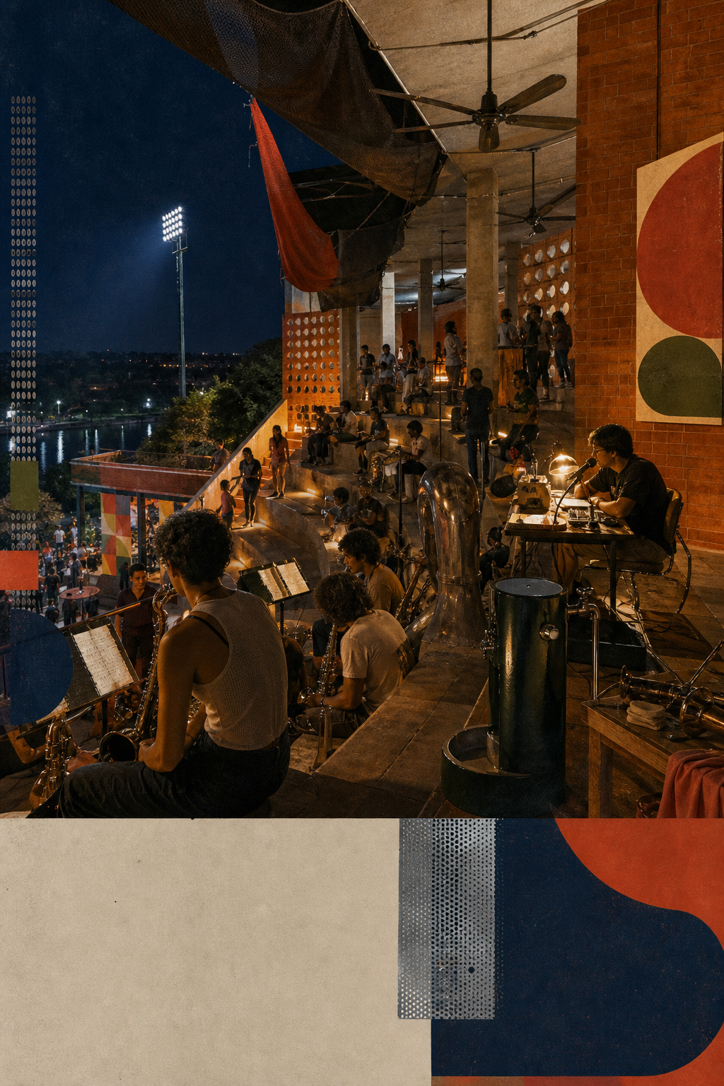 An imagined nighttime band terrace in a porous clay stadium with musicians, a small radio desk, ceiling fans, river views, and warm stair lights