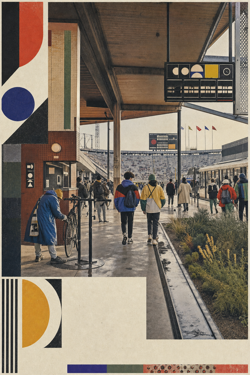 An imagined 2029 civic stadium entrance built as a timber transit porch with tram, bicycle repair, rain channel, native planting, and students arriving in abstract color-block gear