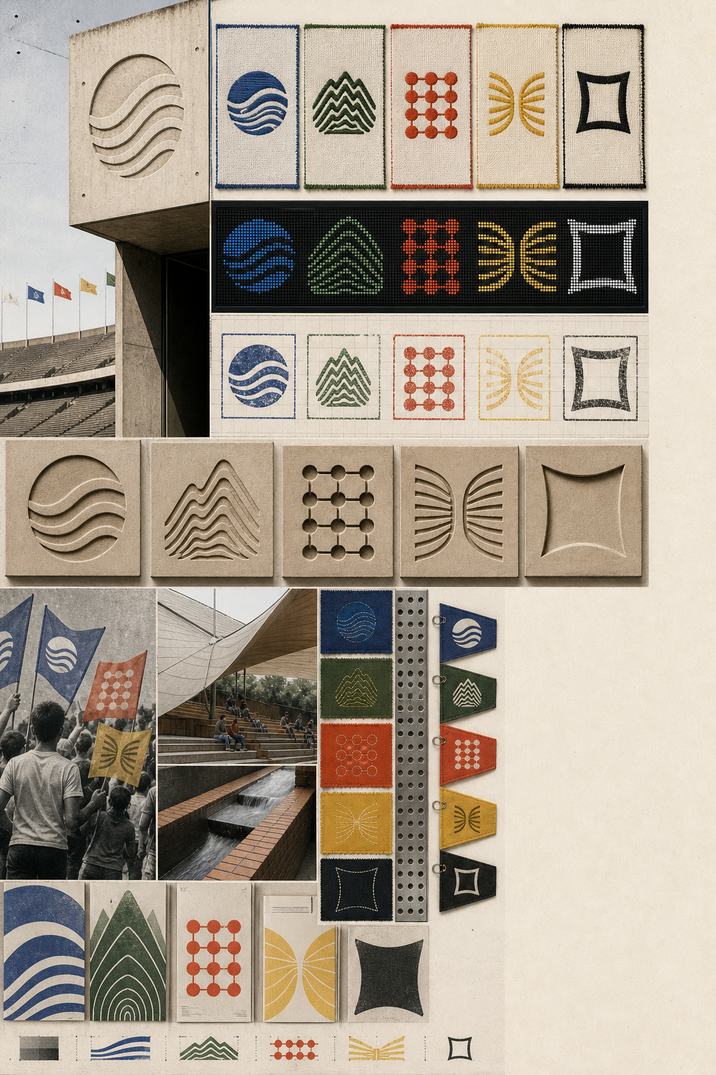 Original abstract identity marks presented as patches, scoreboard pixels, flags, and architectural tiles