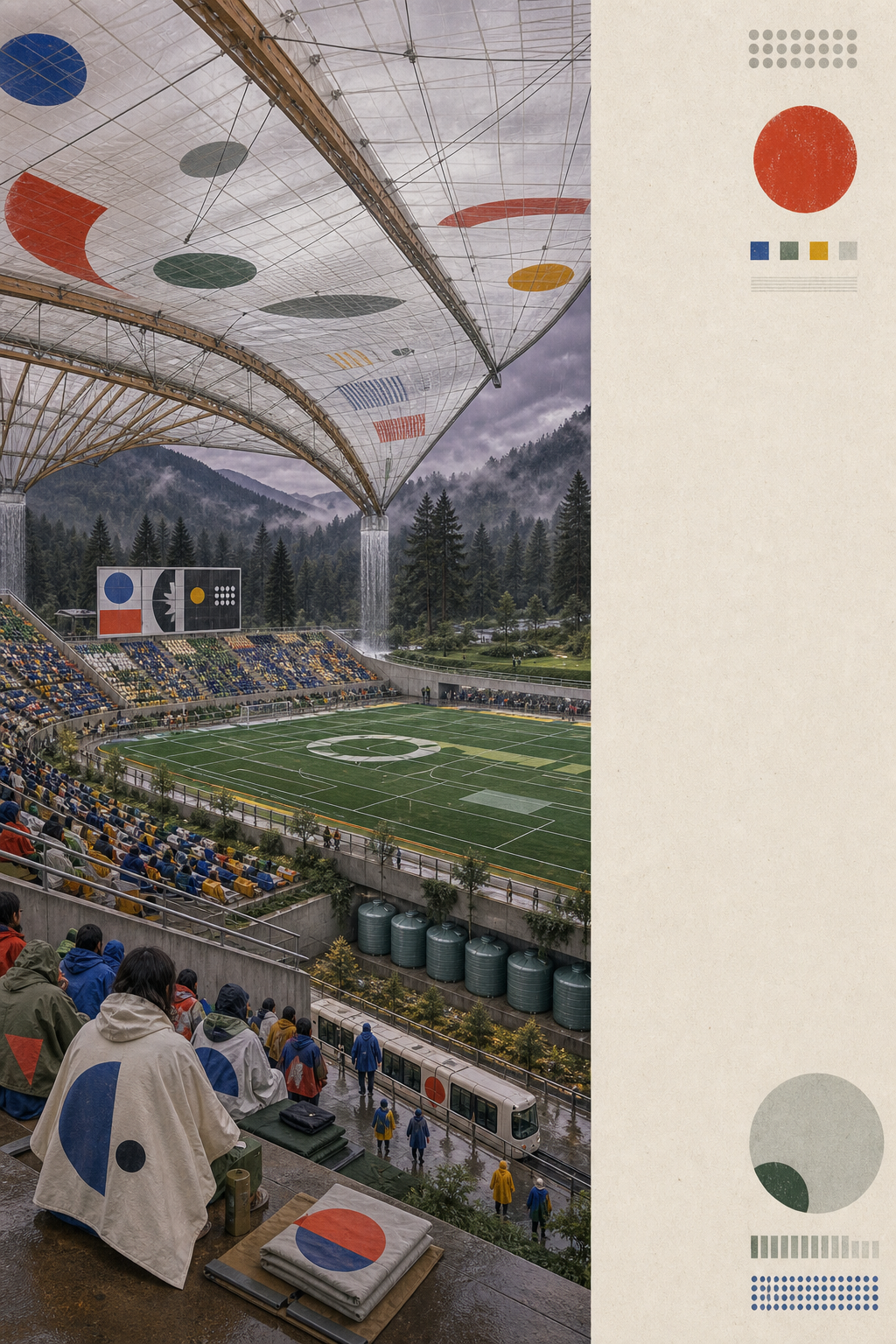 Imagined 2029 mountain stadium with translucent rain roof, timber structure, tram, cisterns, and student rain capes