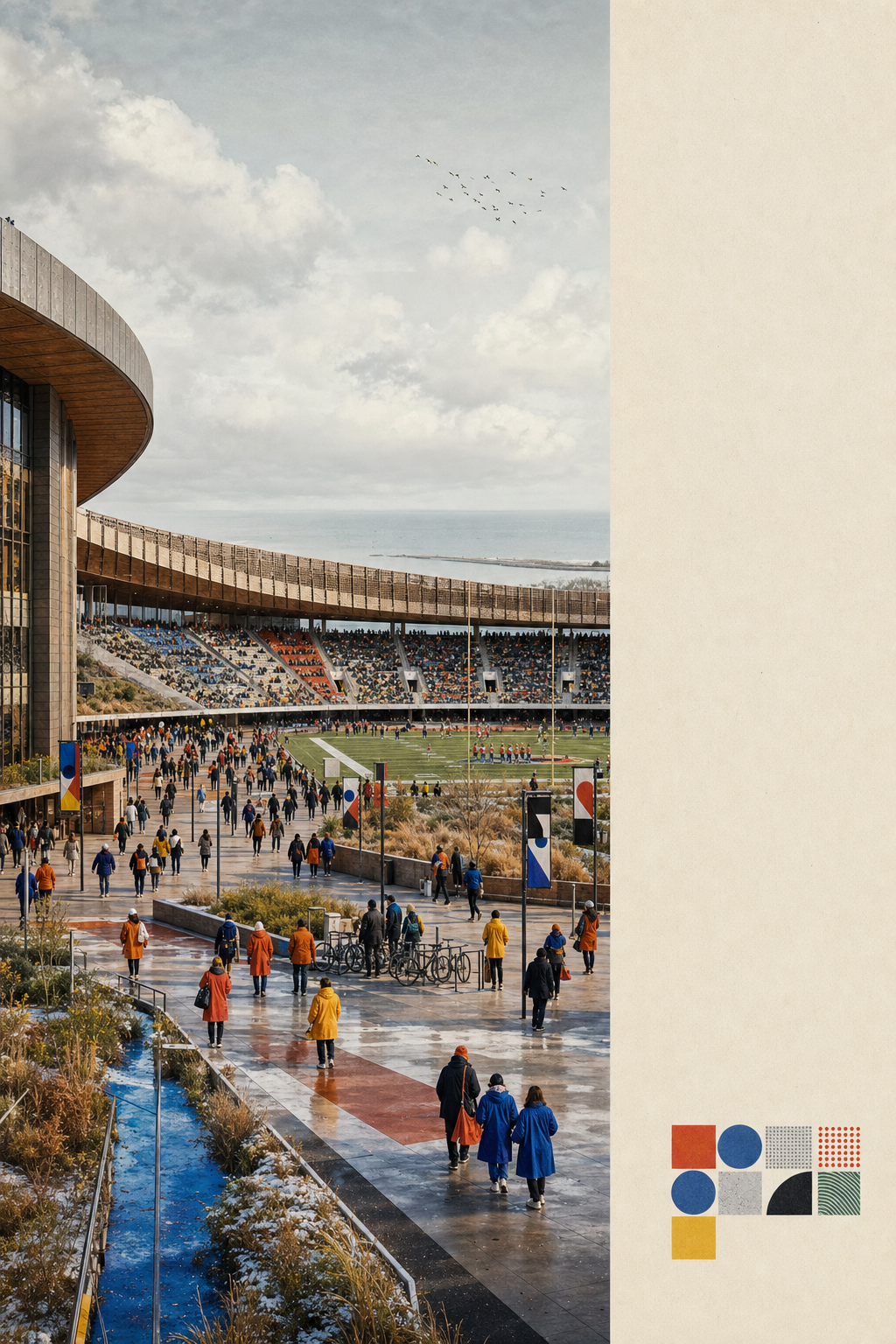 River Night Commons, an original speculative 2029 college-football stadium study