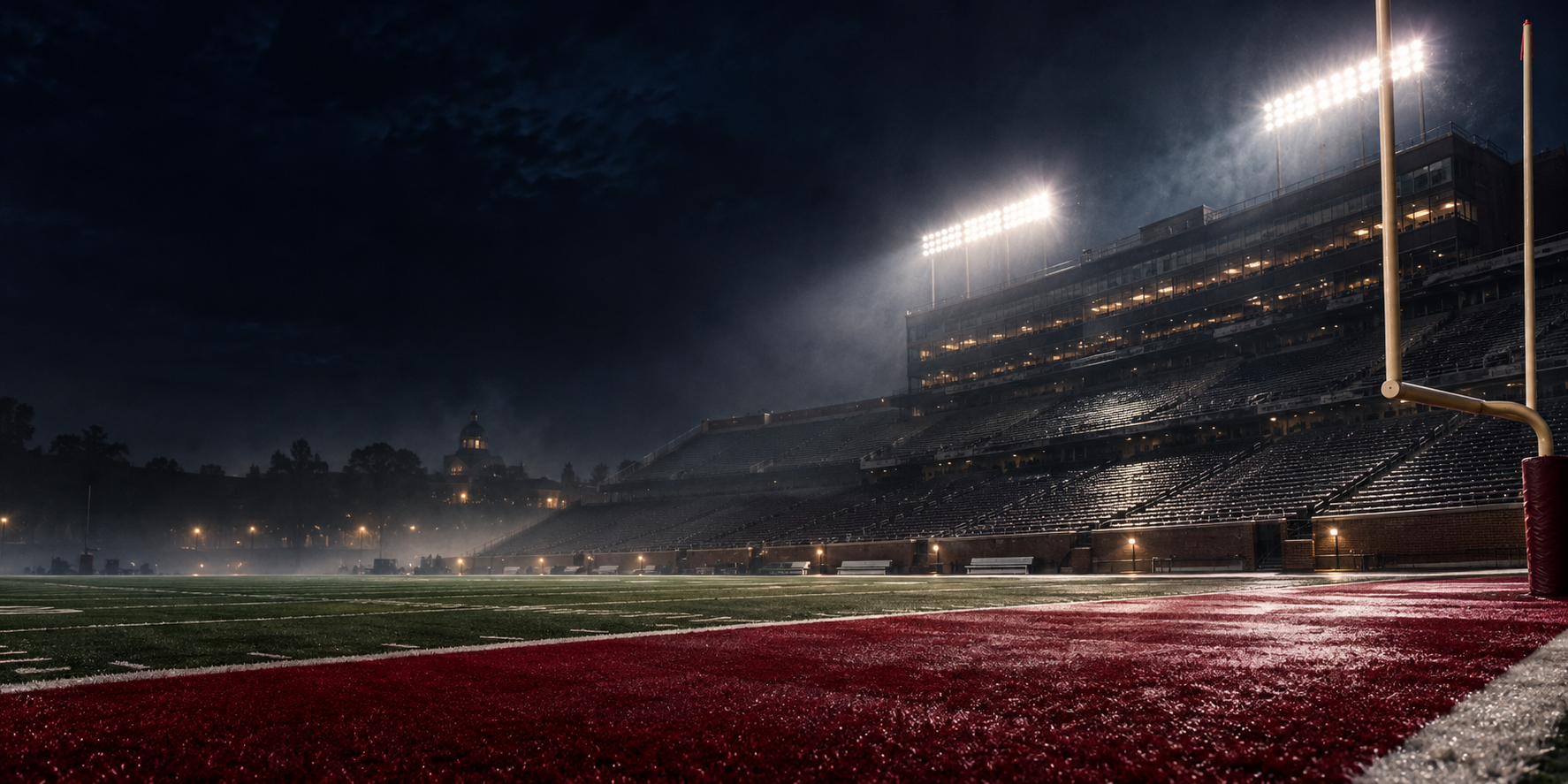 Illustrated empty football stadium beneath dramatic night lights