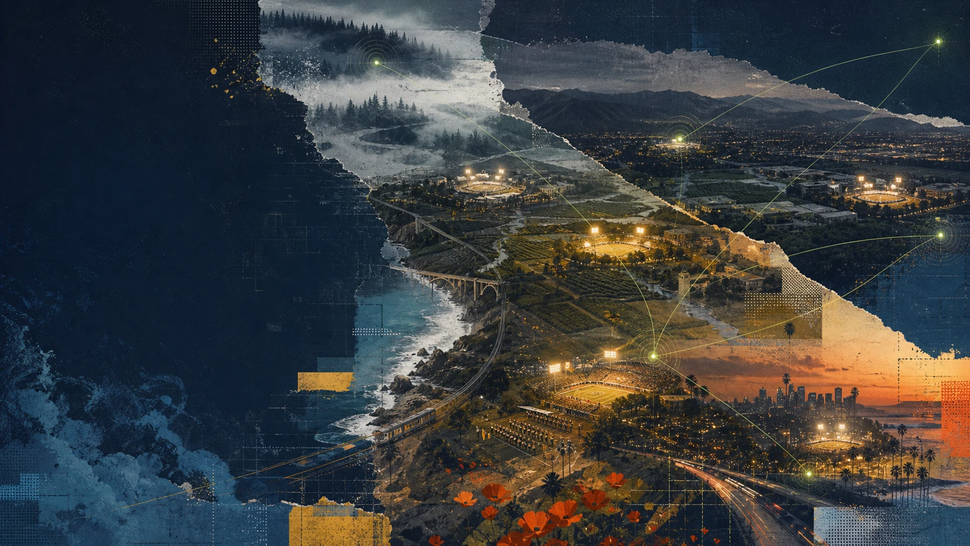 Generated editorial collage of California landscapes, stadium lights, rail lines, and radio signals at blue hour