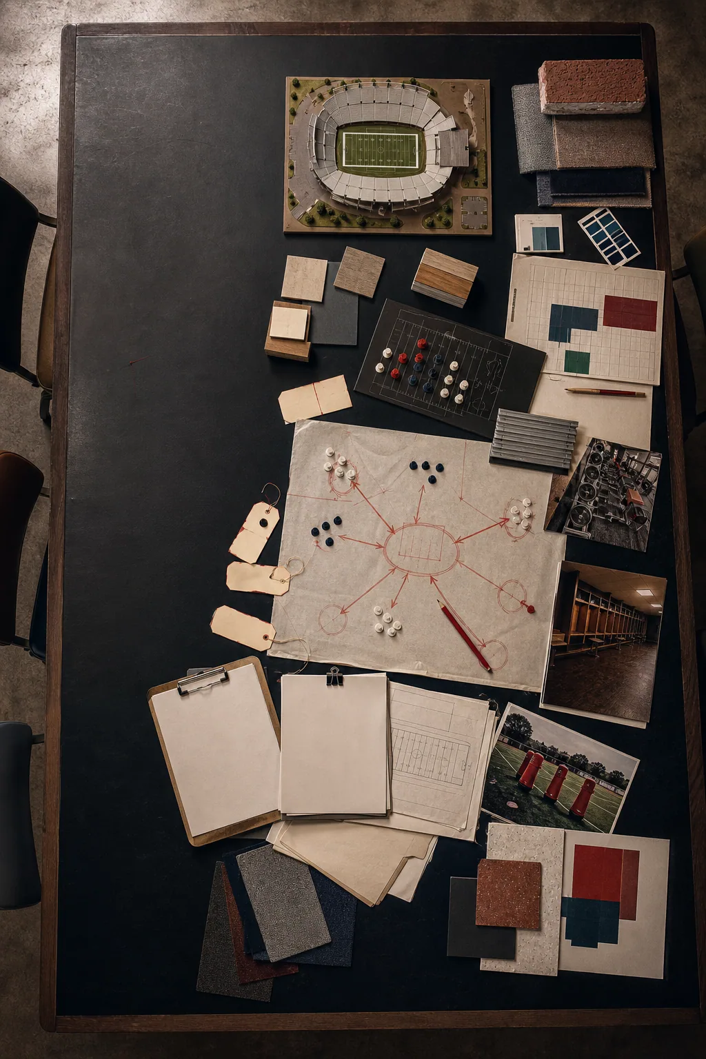 An imagined table of roster pieces, blank ledgers, facility samples, and a stadium model