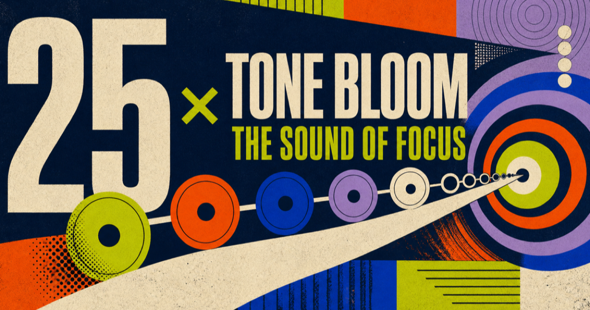 25 × Tone Bloom graphic field of colored chimes and stereo waves