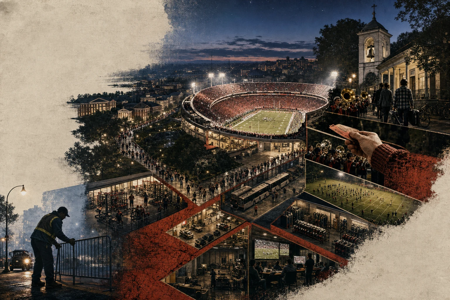 Editorial collage of a vast night football stadium embedded in a campus town, with students, a band, buses, practice rooms, a chapel bell, and a worker setting a barricade before sunrise