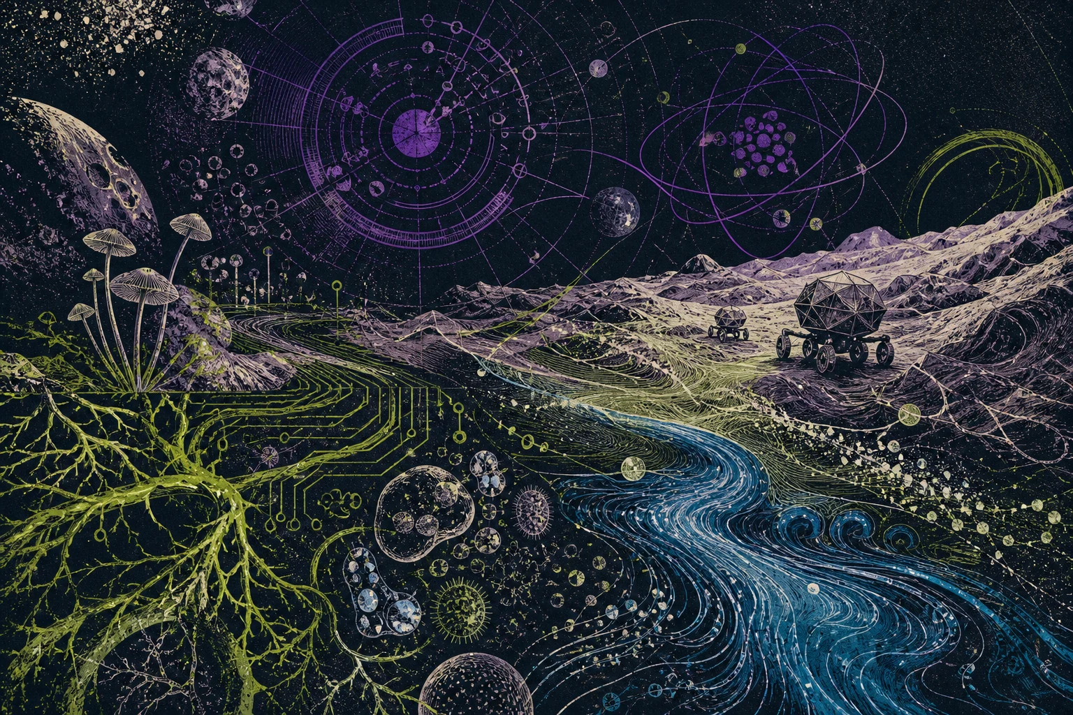 Abstract midnight research ecosystem of roots, circuits, orbital rings, lunar dust, cells, and ocean currents