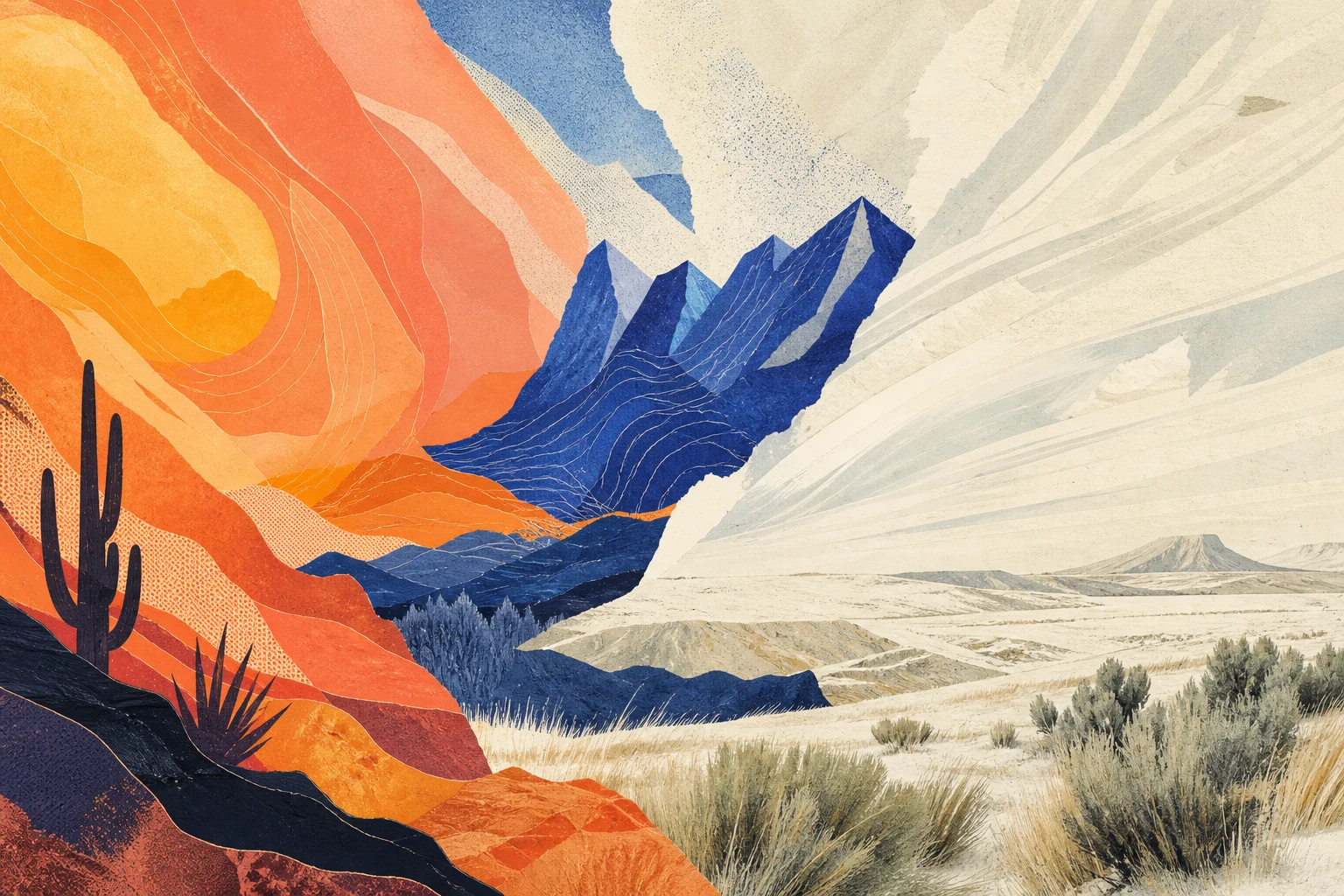 Abstract cut-paper Western landscape combining Sonoran thermal waves, cobalt alpine forms, and Wyoming high plains