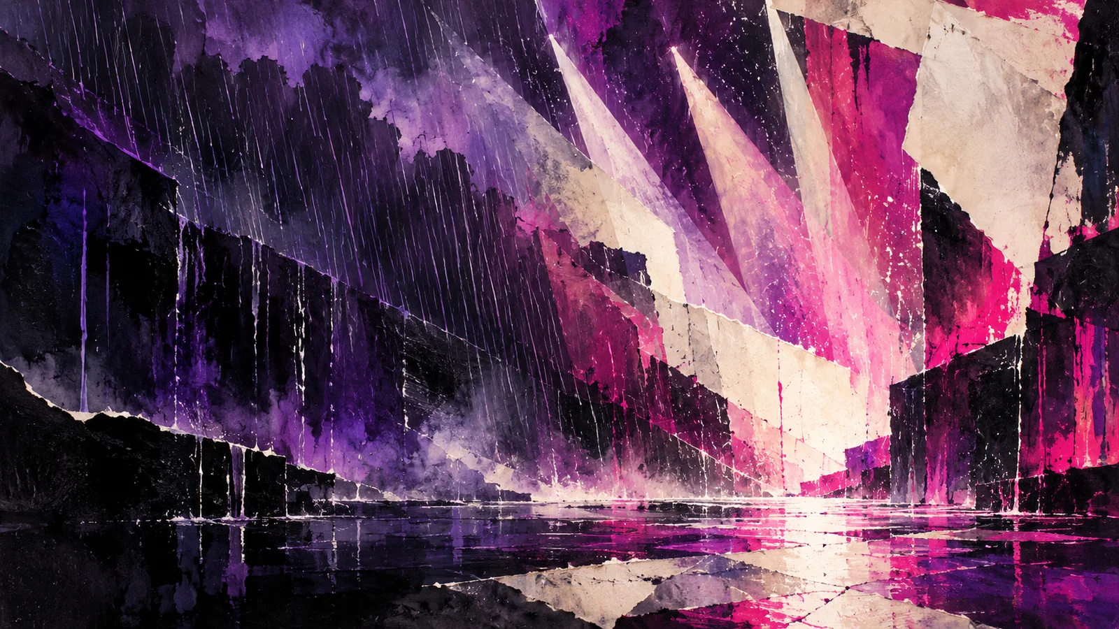 Painterly violet rain and magenta theatre light cut through a cream-and-black paper collage.