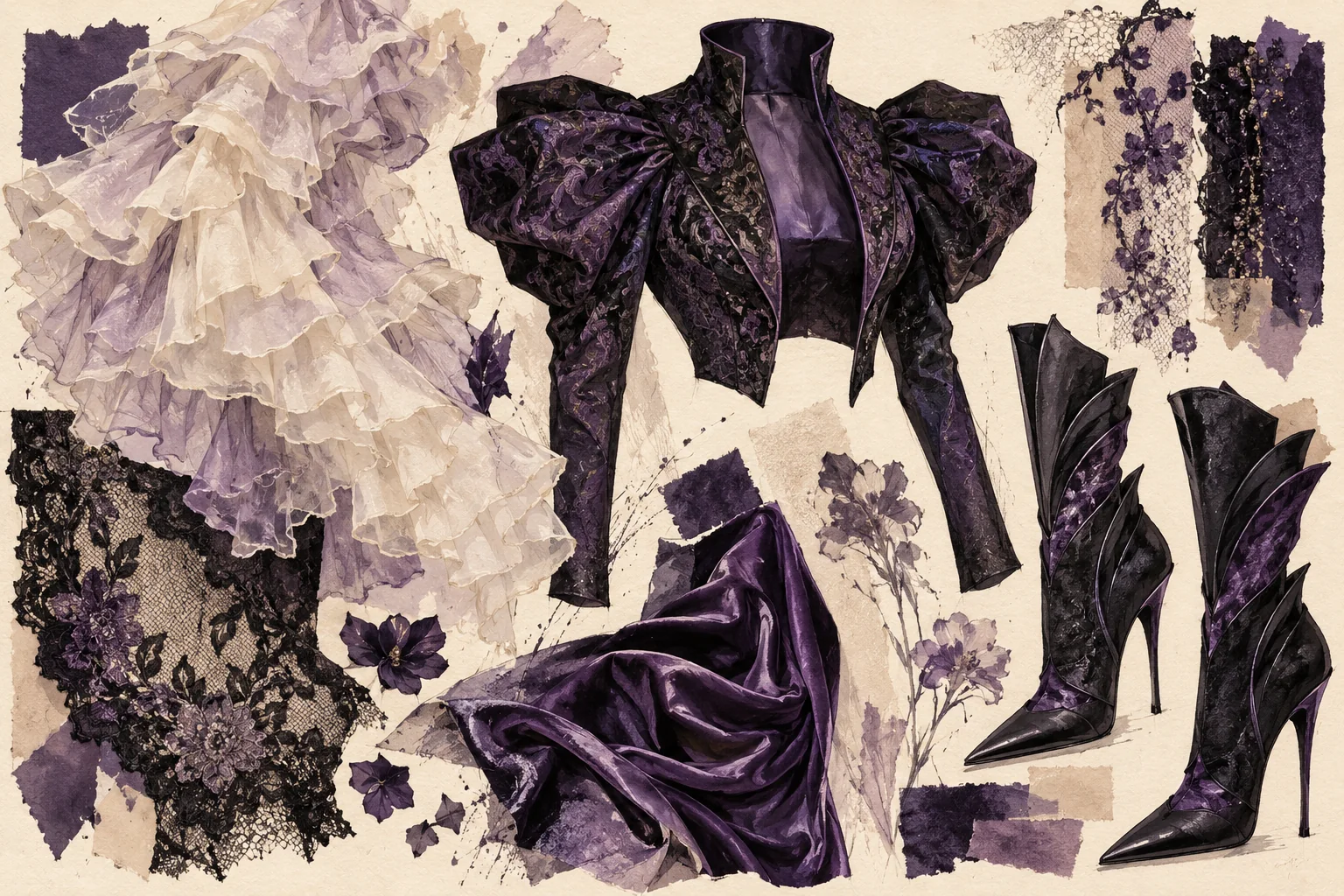 Editorial fashion flatlay in violet and cream, showing a sculptural jacket form, cascading ruffles, lace swatches, glossy satin and tall boot shapes.