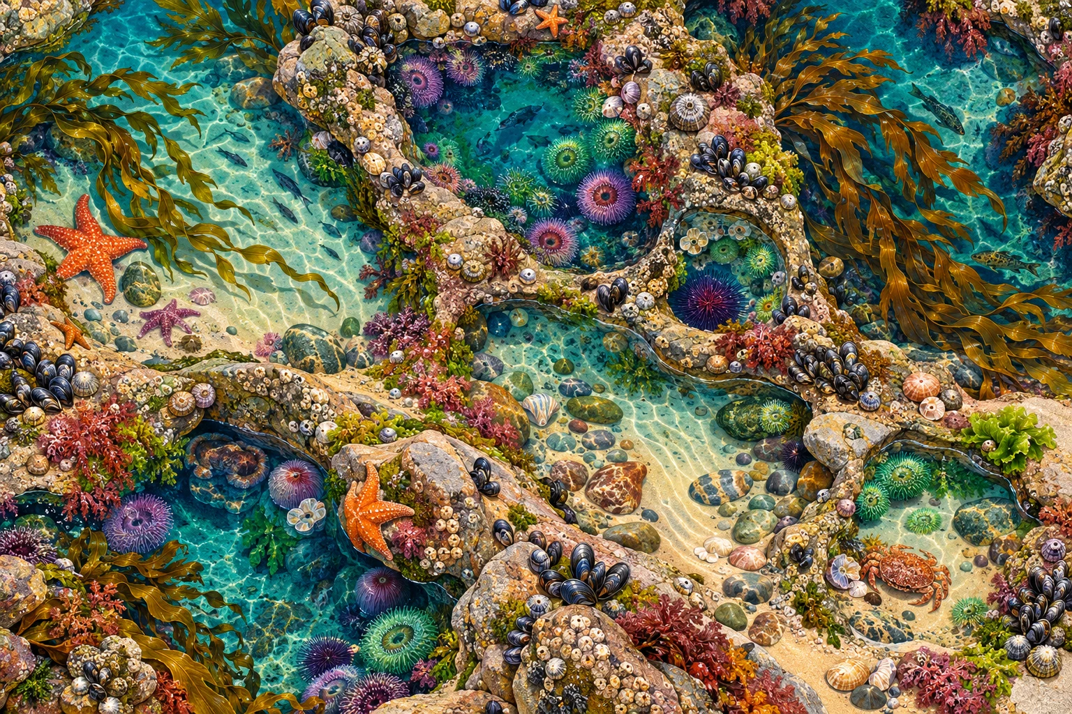 Original imagined tide pools filled with colorful sea life, water and varied coastal stones.