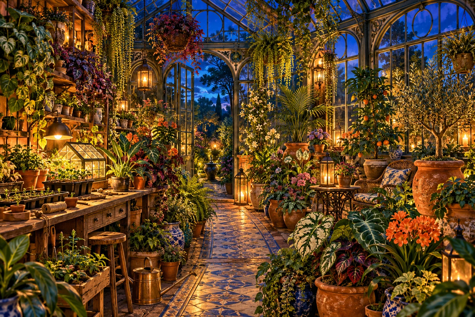 An original glowing greenhouse at blue hour with many different leaves, pots and warm windows.