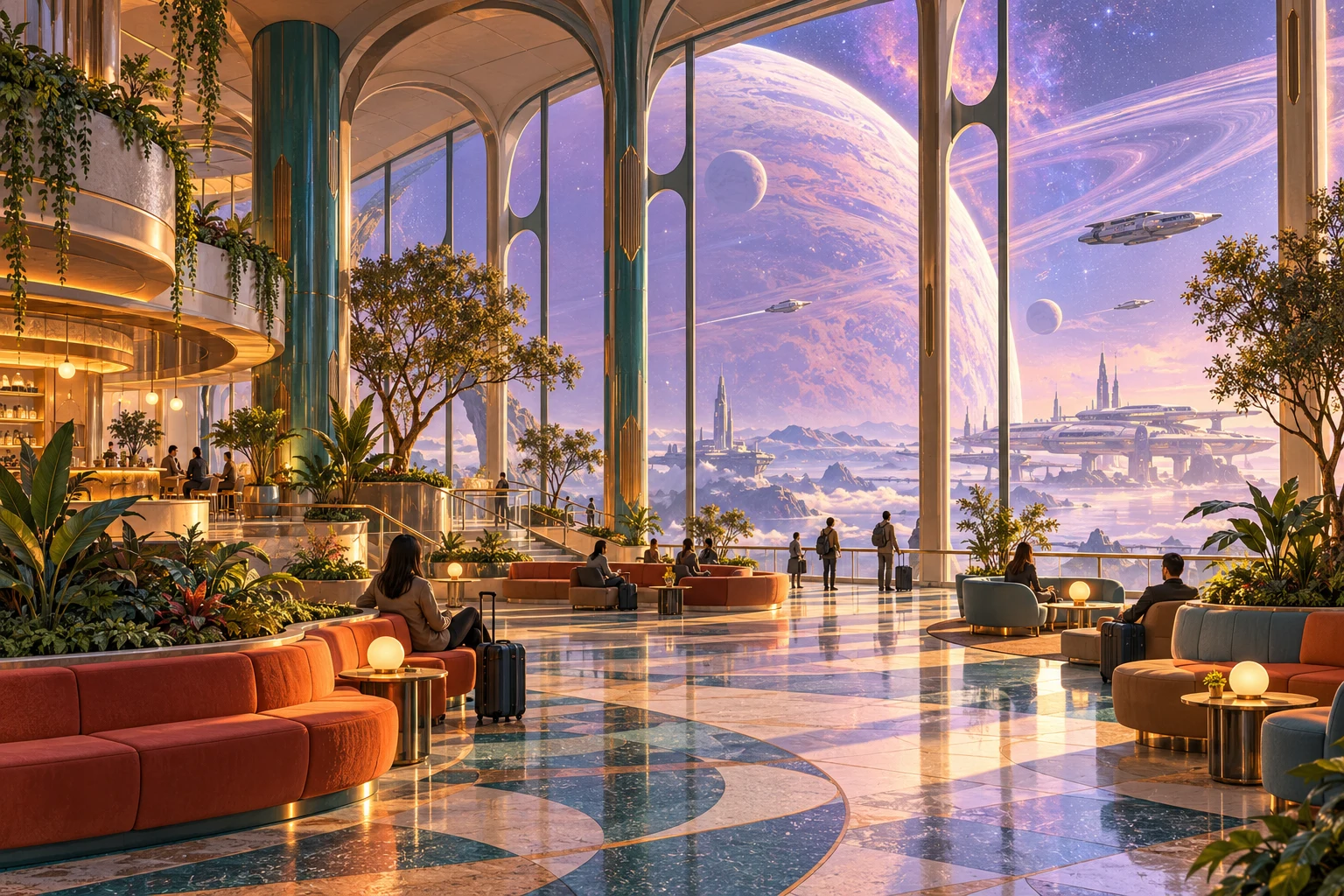 Original imaginary spaceport waiting hall with silhouettes, plants and cosmic light through large windows.