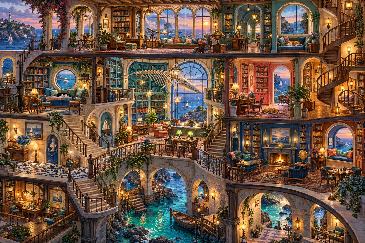 Original intricate cross-section of a seaside library with colorful bookshelves, stairs, lamps and ocean windows.