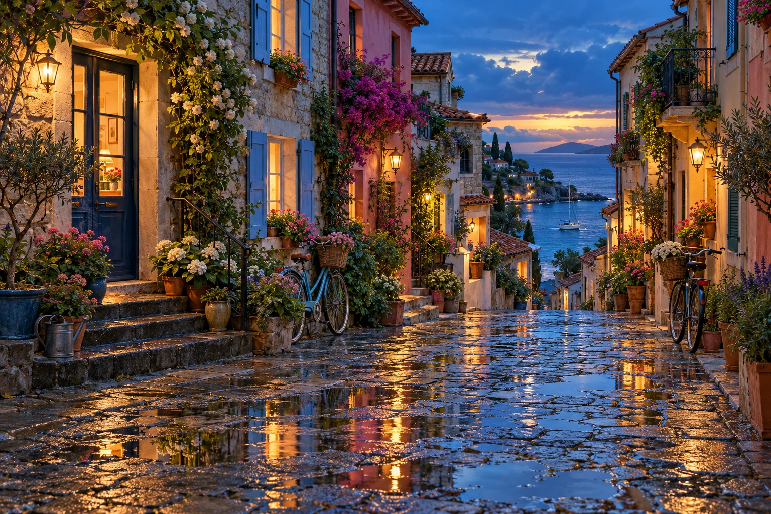 Original cinematic imagined wet coastal street with colorful puddle reflections, gardens, bicycles and warm windows.