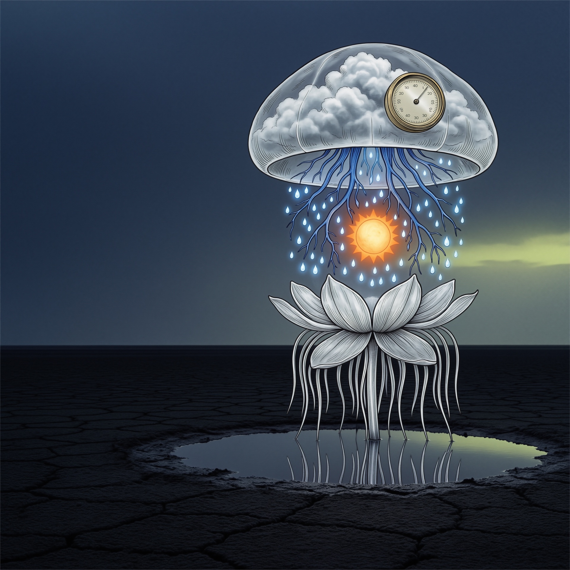 A translucent silver flower-cloud with blue rain roots, a barometer, and a miniature sun floating above a reflective black salt flat.