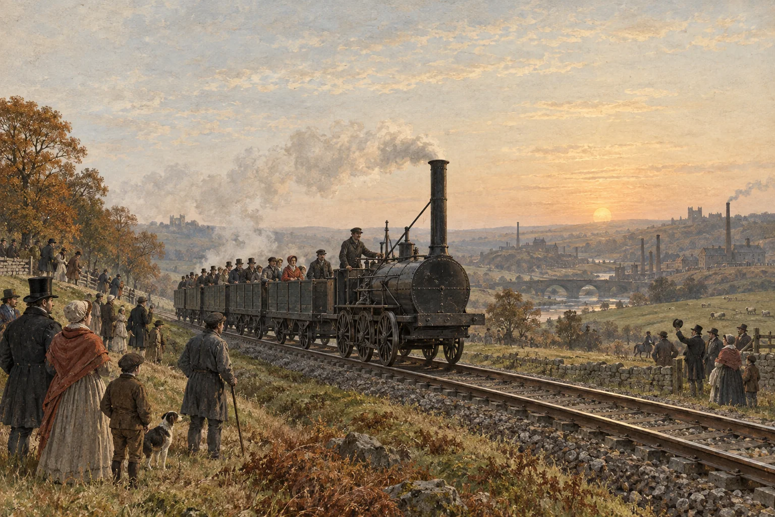 An illustrated early steam locomotive and open passenger wagons crossing the English countryside in 1825.