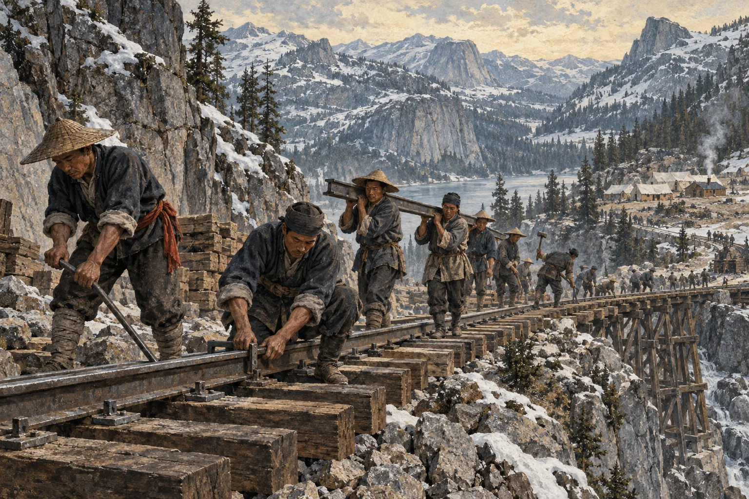 An illustrated group of Chinese railroad workers laying track through the Sierra Nevada in 1869.