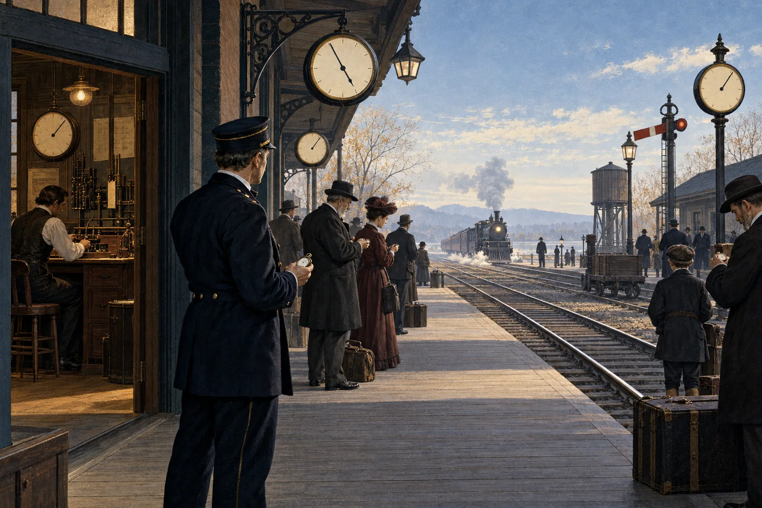 An illustrated 1883 railway station with multiple clocks and passengers consulting timetables.