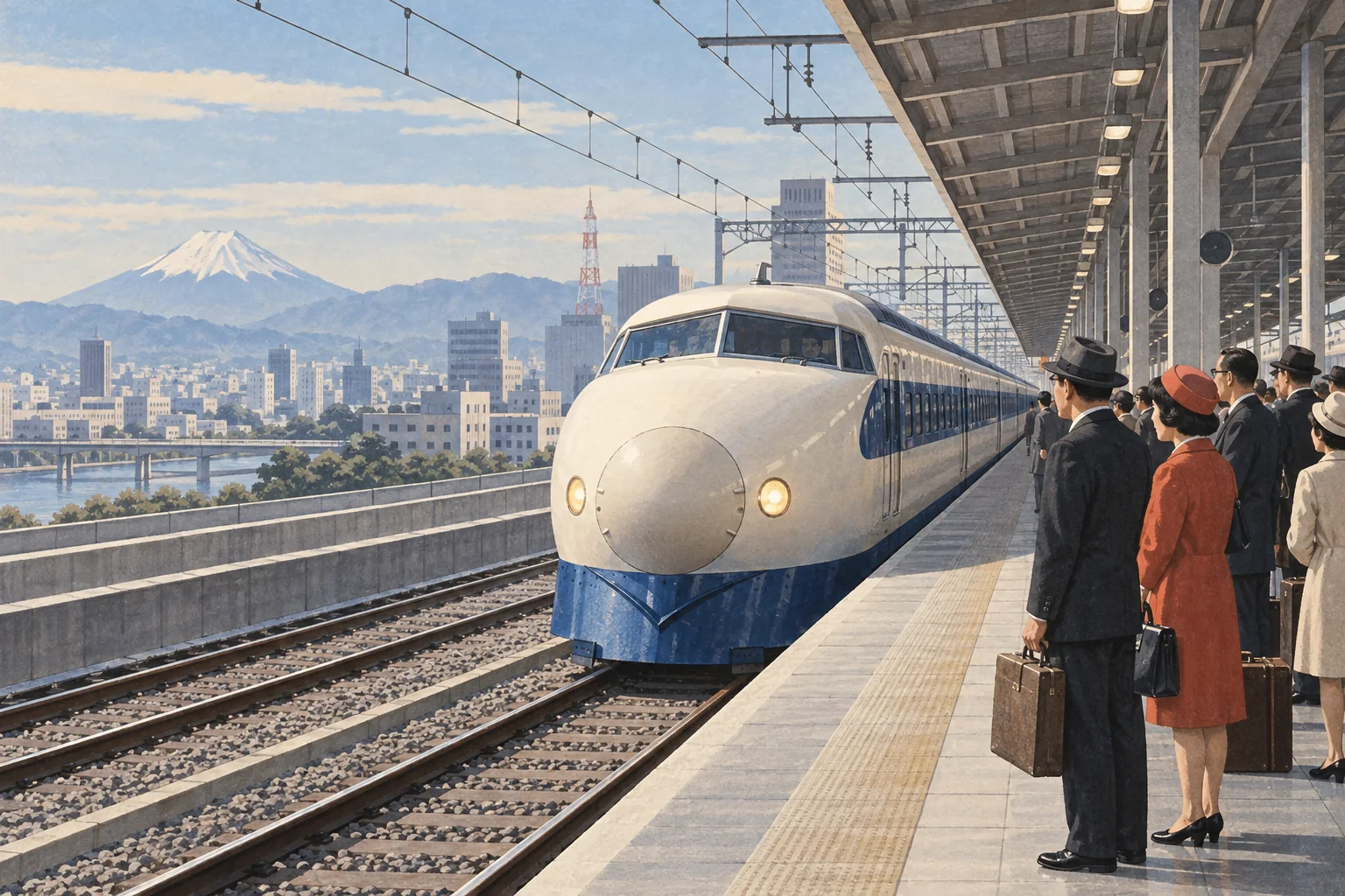 An illustrated Series 0 Shinkansen at a Japanese station in 1964, with Mount Fuji in the distance.