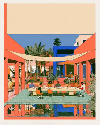 The Courtyard Is the Meeting — speculative AI-generated PointCast artwork, variation 1 of 4