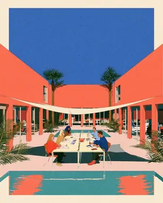The Courtyard Is the Meeting — speculative AI-generated PointCast artwork, variation 4 of 4