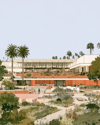 One Roof, Many Questions — speculative AI-generated University of El Segundo artwork, variation 2 of 4