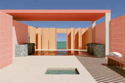 After-Swim Pavilion — speculative AI-generated Pacific Common Futures artwork, variation 2 of 4