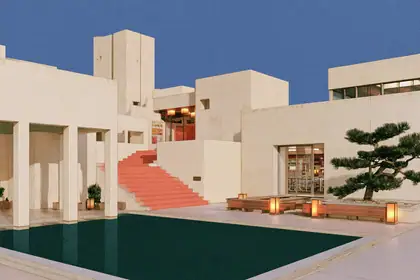 Lantern Courtyard — speculative AI-generated Pacific Common Futures artwork, variation 3 of 4