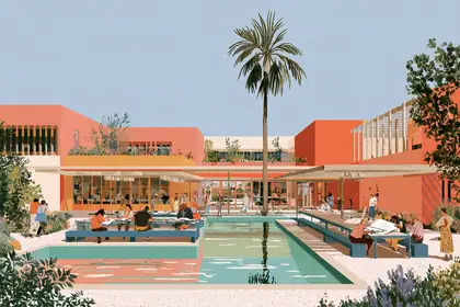The Learning Court — speculative AI-generated University of El Segundo artwork, variation 1 of 4