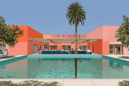 The Learning Court — speculative AI-generated University of El Segundo artwork, variation 2 of 4
